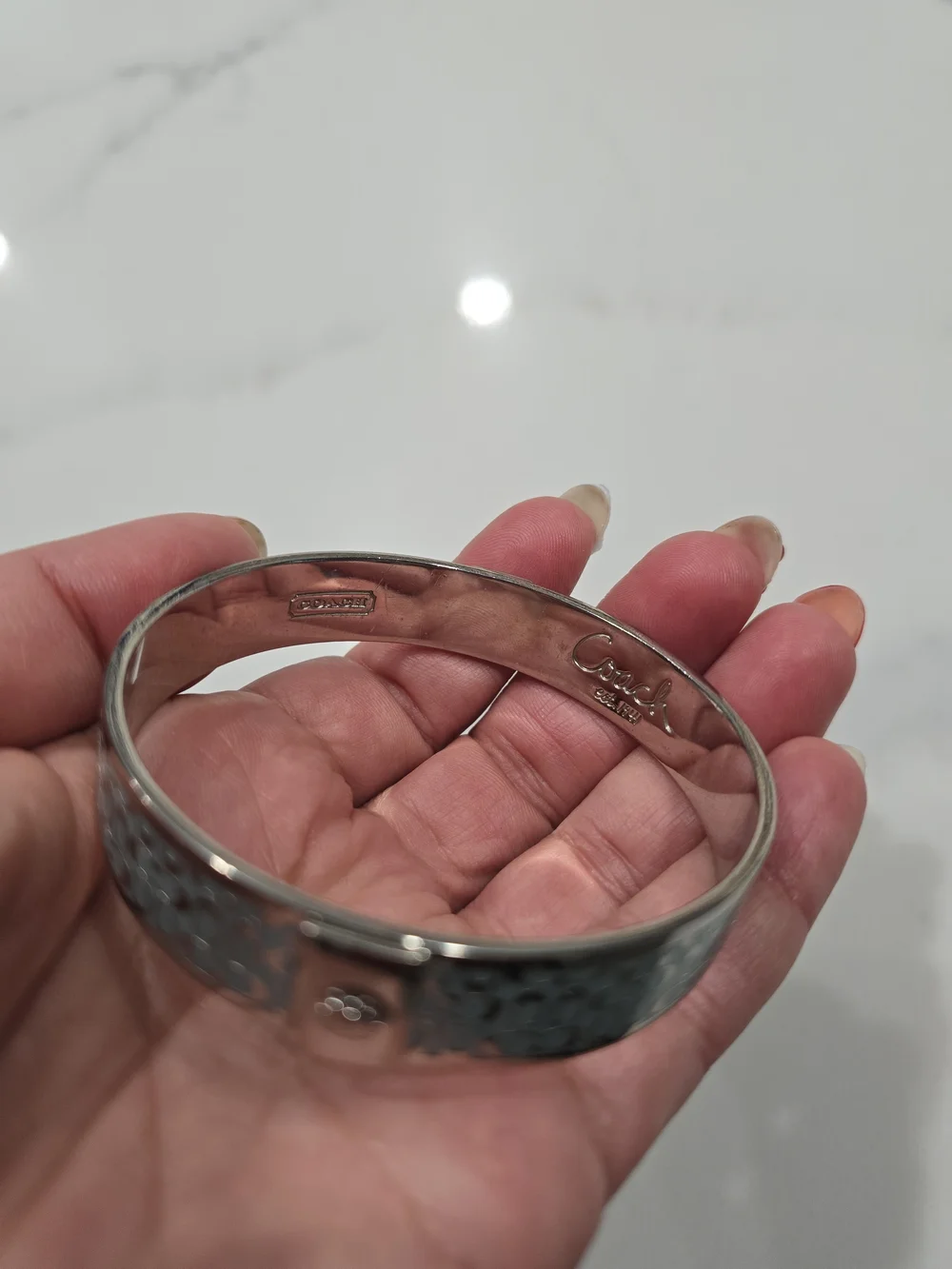 Coach Silver-Tone Signature C Bangle with Teal Accent